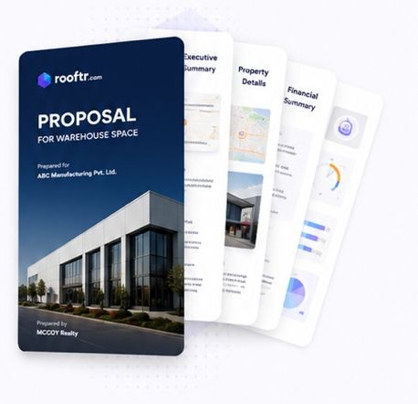 Fanned stack of branded Rooftr proposal documents for a warehouse space