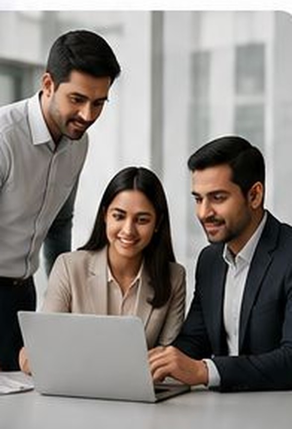 Team collaborating around a laptop